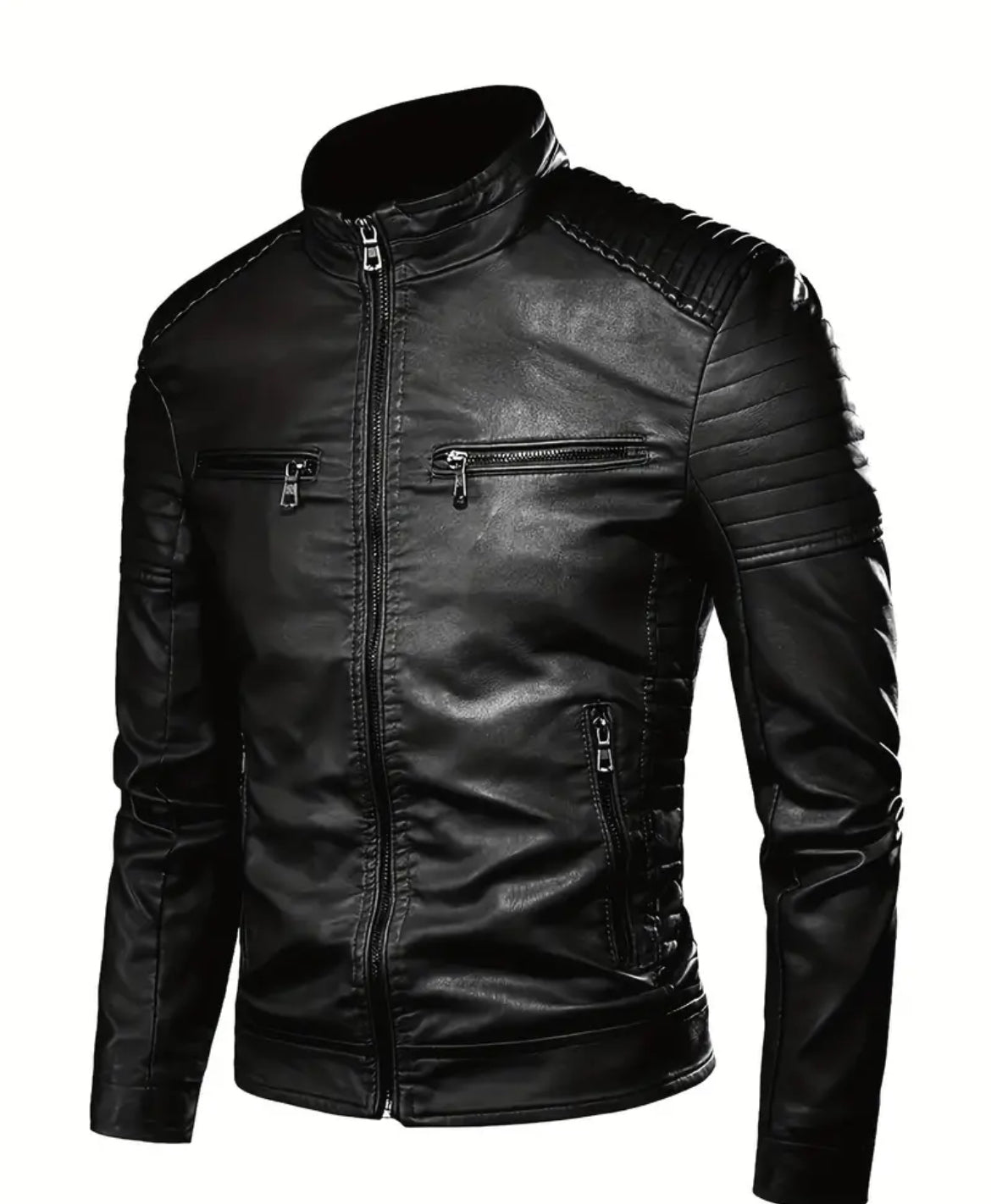 Men's Faux Leather Jacket With Multi Zipper Pockets, Casual Stand Collar Zip Up Long Sleeve Jacket For Outdoor