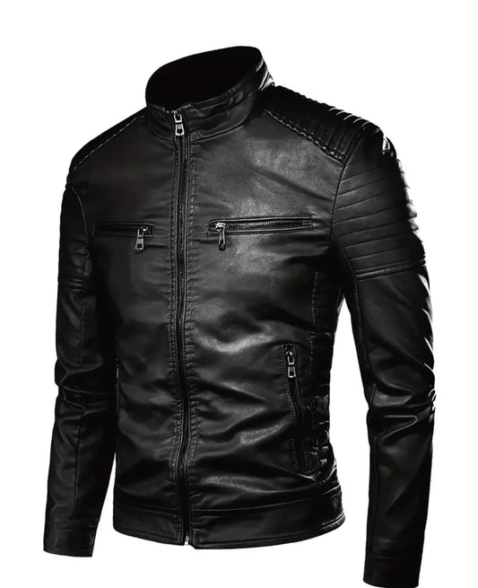 Men's Faux Leather Jacket With Multi Zipper Pockets, Casual Stand Collar Zip Up Long Sleeve Jacket For Outdoor